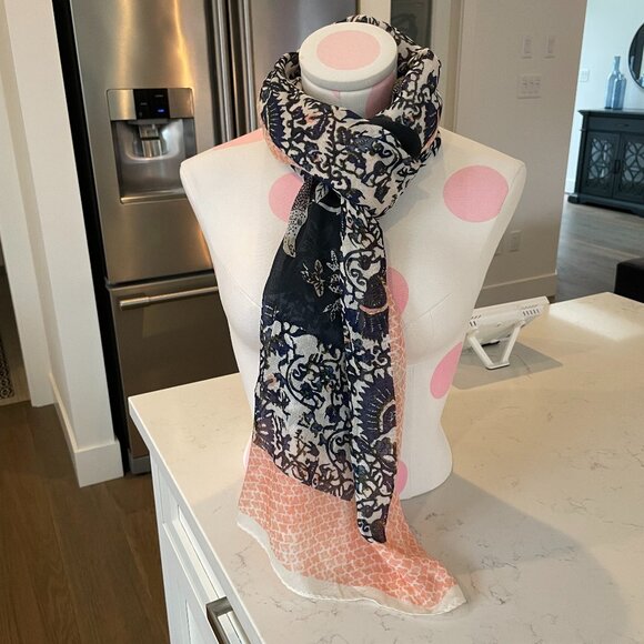 Tory Burch Inspired Lightweight Nature Print Viscose Blend Scarf Navy Peach OS - Picture 1 of 12